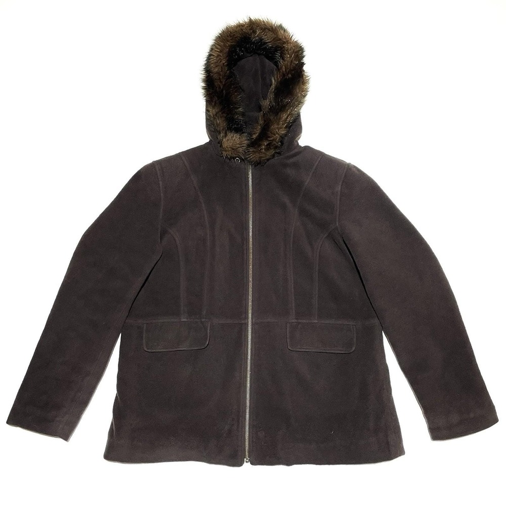 Vintage L.L. Bean Womens XL Wool Blend Hooded Jacket Faux Fur Hood Brown Zip Up‎